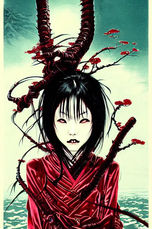 Image similar to japanese vampire girl, character portrait, portrait, close up, concept art, intricate details, highly detailed, eyes, yokai, blood, fangs, claws, cherry blossom, soft light, vintage sci - fi poster, in the style of chris foss, rodger dean, moebius, michael whelan, and gustave dore