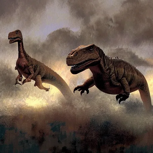 Prompt: dinosaurs flying around in a horrible storm, beautiful, craig mullins