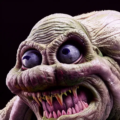 Prompt: photo taken of an epic intricate, ultra detailed, super realistic gritty, terrifying, lifelike sculpture of practical slimer ghost from created for ghostbuster but created by weta workshop, zoomed in shots, photorealistic, sharp focus, cold colour temperture, f 0. 4, face centred