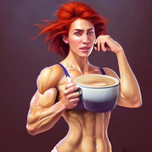 Prompt: an waitress with short sleeves holding coffee, muscular, sweaty skin, goddess, flowing red hair, wet, perfectly-centered-Portrait of a most beautiful woman it the world, intricate, highly detailed, digital painting, artstation, concept art, smooth, sharp focus, illustration, Unreal Engine 5, 8K, art by artgerm and greg rutkowski and alphonse mucha