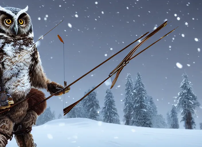 Prompt: an owl ranger carrying a bow and arrow in a vast snowy landscape looking for tracks, hyperdetailed and intricate, 8 k render, indie game concept art