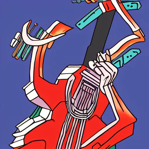 Image similar to A cell animation of a samurai robot playing guitar, Miyazaki Hayao, ghibli style, Illustration, anime, trending on artstation