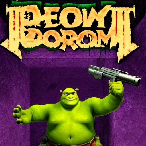 Prompt: Shrek and Doom Guy killing hordes or demons with heavy weapons in the depths of hell in the style of DOOM, game cover art, rip and tear