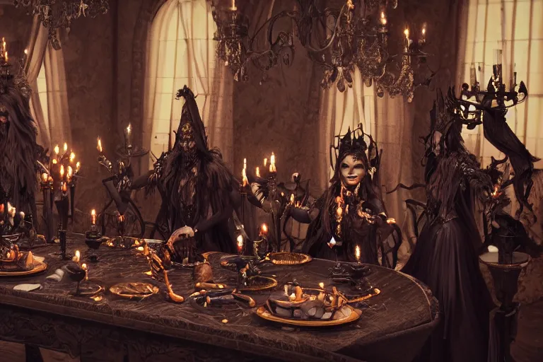 Image similar to dark witches sitting at a table doing a ritual. Ornate details, award winning. Octane render, 4k, 8k, unreal 5, very detailed, hyper control-realism, trending on artstation.”