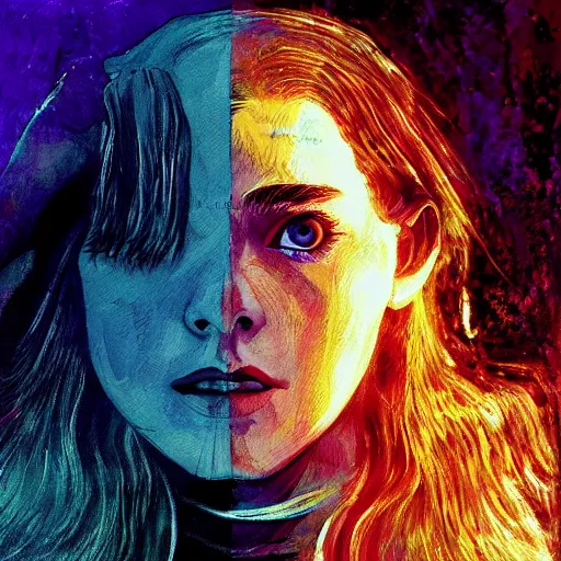 Prompt: Elle Fanning in the painted world of Dark Souls, head and shoulders masterpiece, apocalypse, golden hour, cosmic horror, artstation, in the style of 60s color field painting, extremely detailed