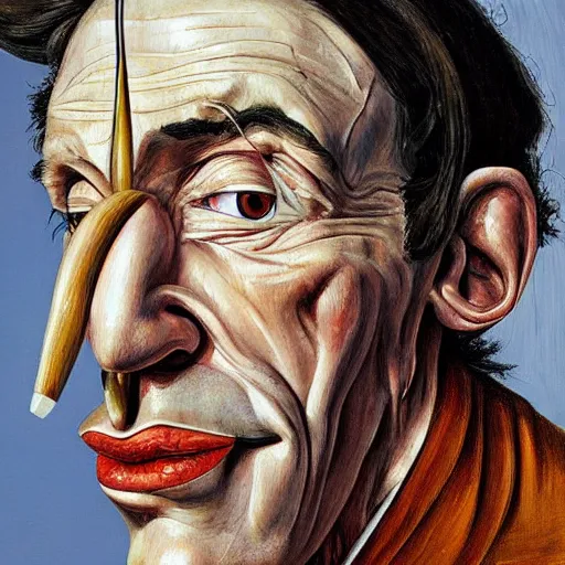 Prompt: pinocchio long nose, high quality high detailed painting by lucian freud, hd, photorealistic lighting