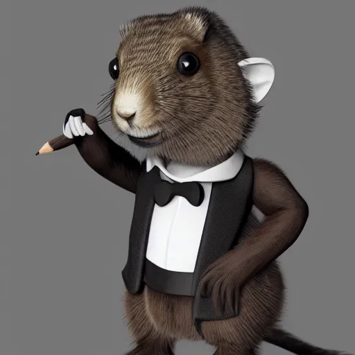 Image similar to a cute anthro brown marmot in a tuxedo while holding a pencil, digital art, trending on art station, 3 d artistic render, octane, blender, cartoon, shadows, lighting