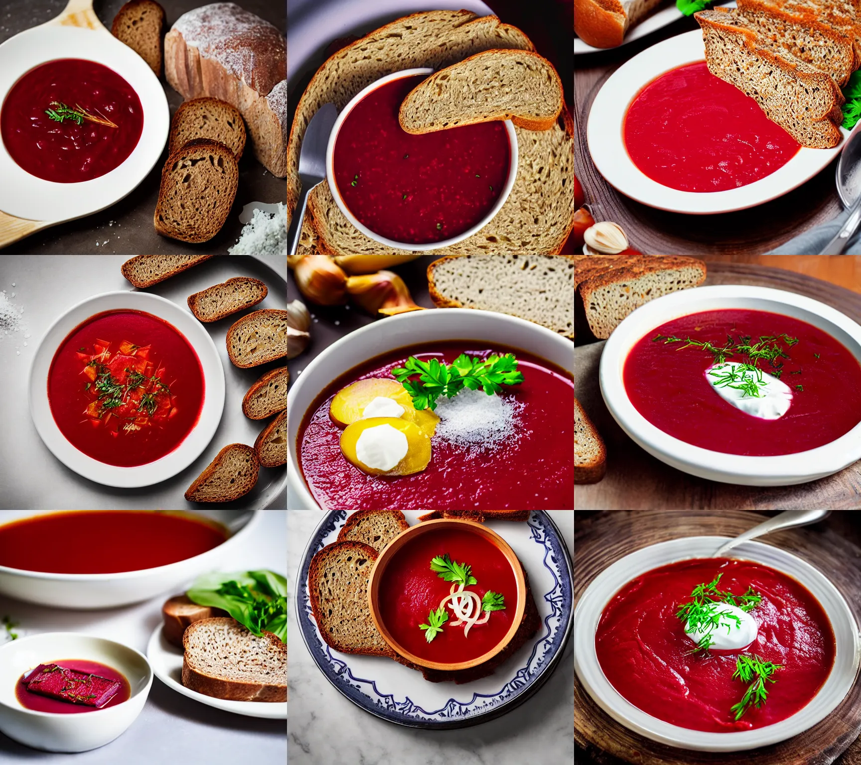 Prompt: gzhel plate of borscht, brown bread with sliced salo, salt, hyper realistic, foodphoto, extremely detailed, photorealism, garlic on background, side view, bokeh, epic lightning, yamy, sigma 8 5 mm f 1. 5!!