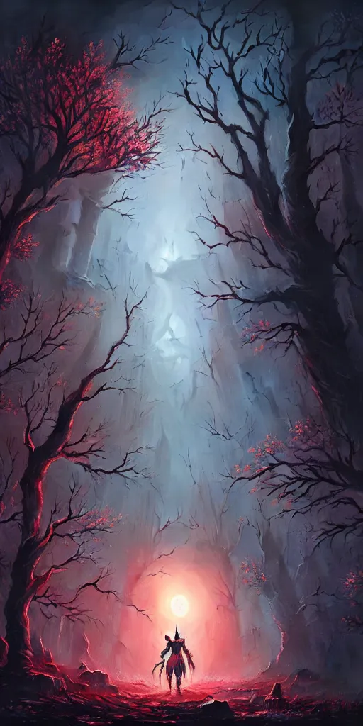 Image similar to abandoned bloodborne old valley with a person at the centre and a werewolf at the end of the valley, trees and stars in the background, falling petals, epic red - orange sunlight, perfect lightning, illustration by niko delort