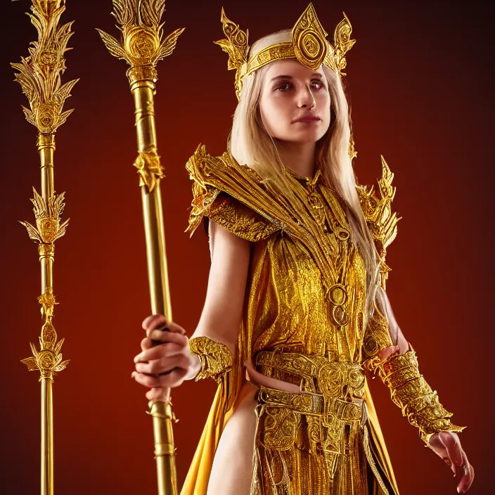 Prompt: photograph of a real-life beautiful sun witch with ornate gold robes and staff. Extremely detailed. 8k