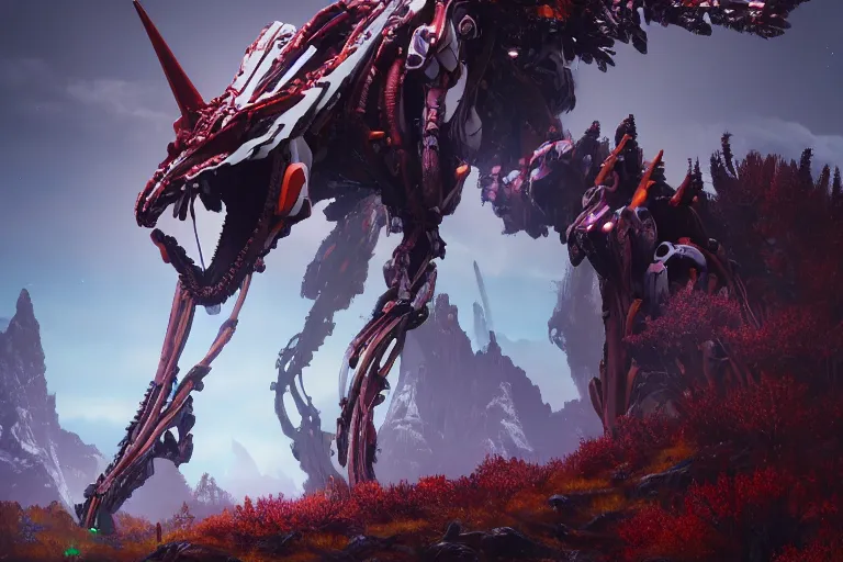 Image similar to a hyper detailed fanghorn evangelion realistic mechanical and organic creature similar look as horizon forbidden west horizon zero dawn, bioluminiscence in a dark deep forest at dawn in spring, with reflection and textures, by kilian eng, substance painter reaslitic mech surface metal painted scratches, world env from horizon forbidden west horizon zero dawn