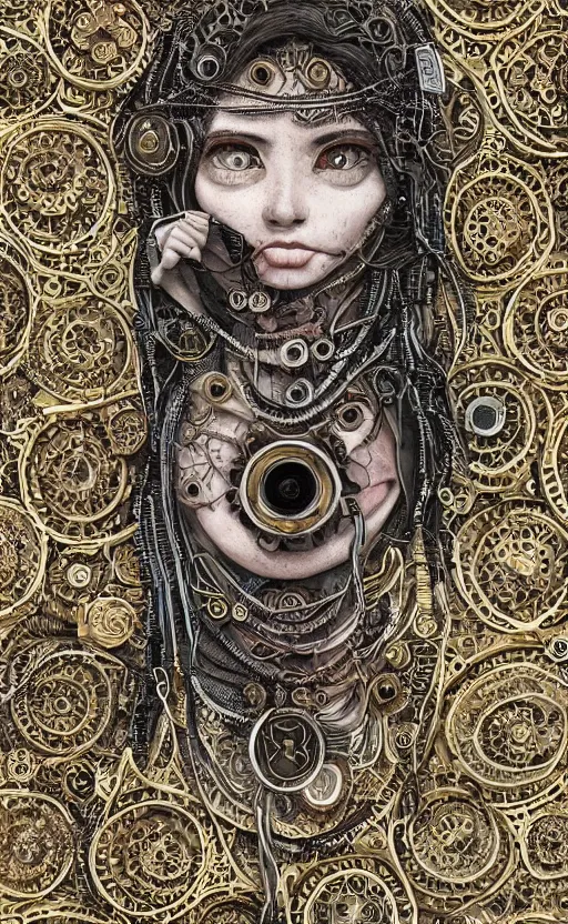 Image similar to beautifully stunning stonepunk woman_integrating_with_technology_full_face_insipiring_detailed_intricate_ornate_cables_connected_to_head_big_open_electric_eyes_ the_singulairty is now by Hironaka, Harumi