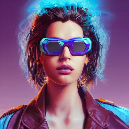 Image similar to very detailed masterpiece closeup painting of a very beautiful young mexican cyberpunk woman with light blue shutter shades, one side haircut, brown hair with light blue ends, purple leather jacket, beauty mark on cheek, portrait, synthwave background, artstation, concept art by greg rutkowski