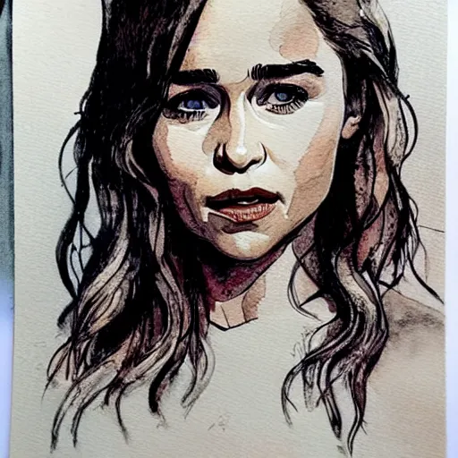 Image similar to portrait of emilia clarke by francis picabla, pen and watercolor wash on cardboard