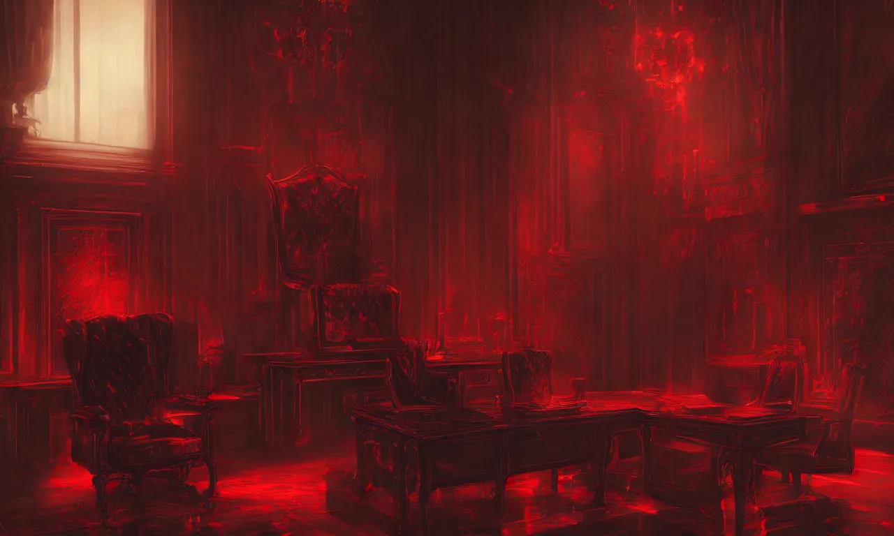 Image similar to demonic executive office with high back chair with onyx finishes, by asher brown durand, trending on artstation, 8 k resolution, red lights, cyberpunk, demonic symbols