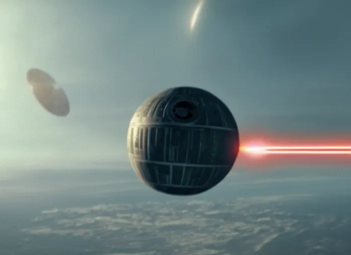 Image similar to film still of the death star hovering above earth in the new star wars movie, 4 k
