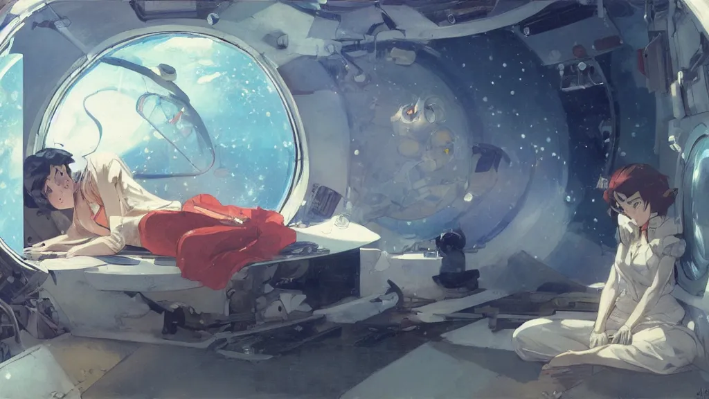 Prompt: a film still of a 1 9 5 0's mechanic anime girl sleeping in bed inside spaceship, trending on pixiv fanbox, painted by gaston bussiere, makoto shinkai, akihiko yoshida, gaston bussiere, craig mullins