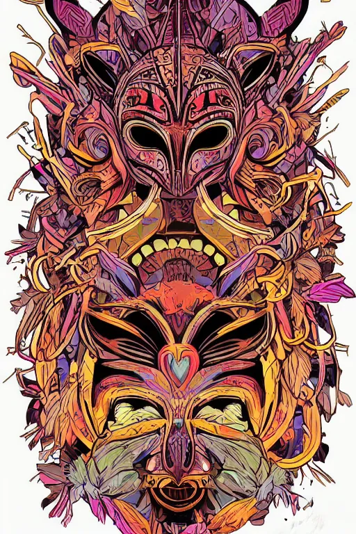 Image similar to animal mask totem roots flower tribal feather gemstone plant wood rock shaman vodoo video game vector cutout illustration vivid multicolor borderlands comics by josan gonzales and dan mumford radiating a glowing aura