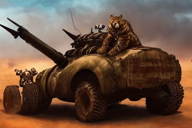 Image similar to a good ol'jaguar fursona ( from the furry fandom ), heavily armed and armored facing down armageddon in a dark and gritty version from the makers of mad max : fury road. witness me.