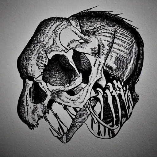 Image similar to dinosaur whole head skeleton outline, black ink on white paper