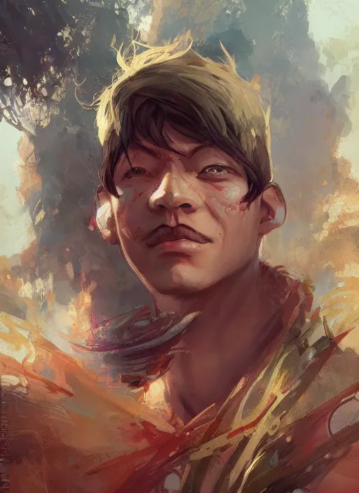 Prompt: a portrait of a male character, noseless, in a scenic environment by Ross Tran and by Jesper Ejsing and by Mikalojus Konstantinas Ciurlionis