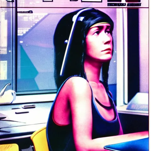 Prompt: cable plugged in, back of head, cyberpunk woman, computer, 1 9 7 9 omni magazine cover