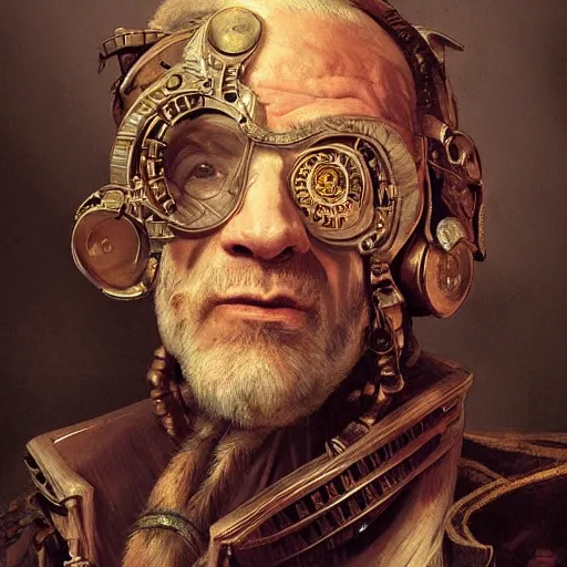 Image similar to portrait, headshot, digital painting, of a old 17th century, old cyborg merchant, amber jewels, baroque, ornate clothing, scifi, realistic, hyperdetailed, chiaroscuro, concept art, art by Franz Hals and Jon Foster