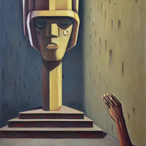 Image similar to brutalist giant sacred robot visage, portrait, cathedral, dystopian, pj crook, edward hopper, oil on canvas