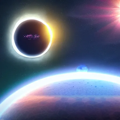 Image similar to hexagon sun shield floating in space, unreal engine, digital art, solar eclipse