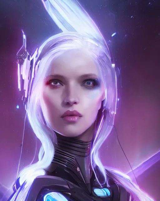 Image similar to perfect android girl on a mothership, warframe armor, beautiful face, scifi, futuristic, galaxy, nebula, raytracing, dreamy, long white hair, blue cyborg eyes, sharp focus, cinematic lighting, highly detailed, artstation, divine, by gauthier leblanc, kazuya takahashi, huifeng huang