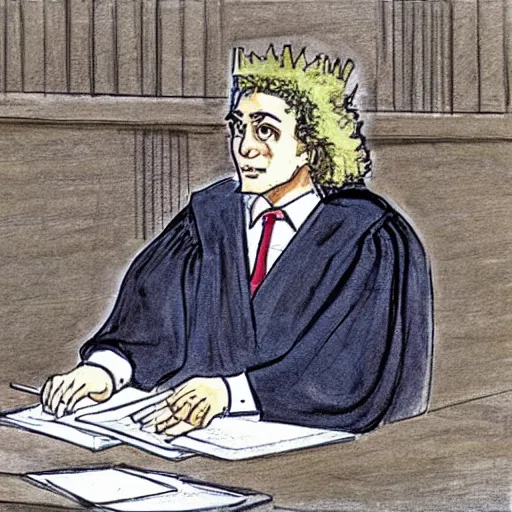 Prompt: realistic photograph of an english barrister wearing a wig and robe addressing a jury in a crown court