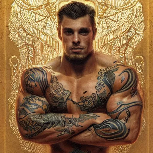 Image similar to handsome portrait of a wrestler guy bodybuilder posing, war hero, wearing singlet, intricate tattoos, radiant light, caustics, by gaston bussiere, bayard wu, greg rutkowski, giger, maxim verehin