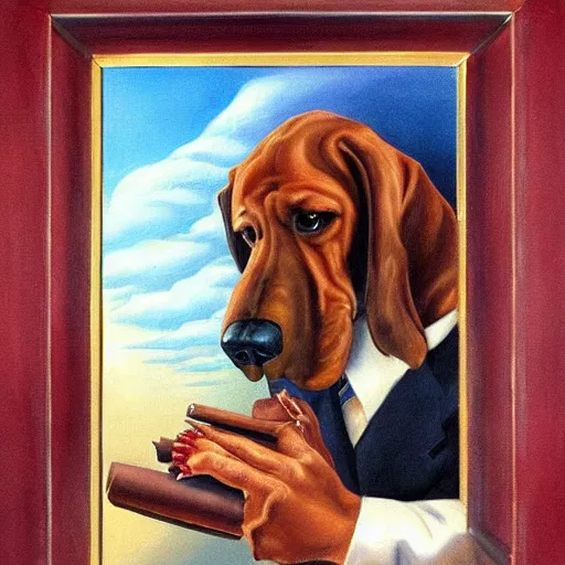 Prompt: a bloodhound smoking a fat blunt oil painting by surreal art 1 9 4 0