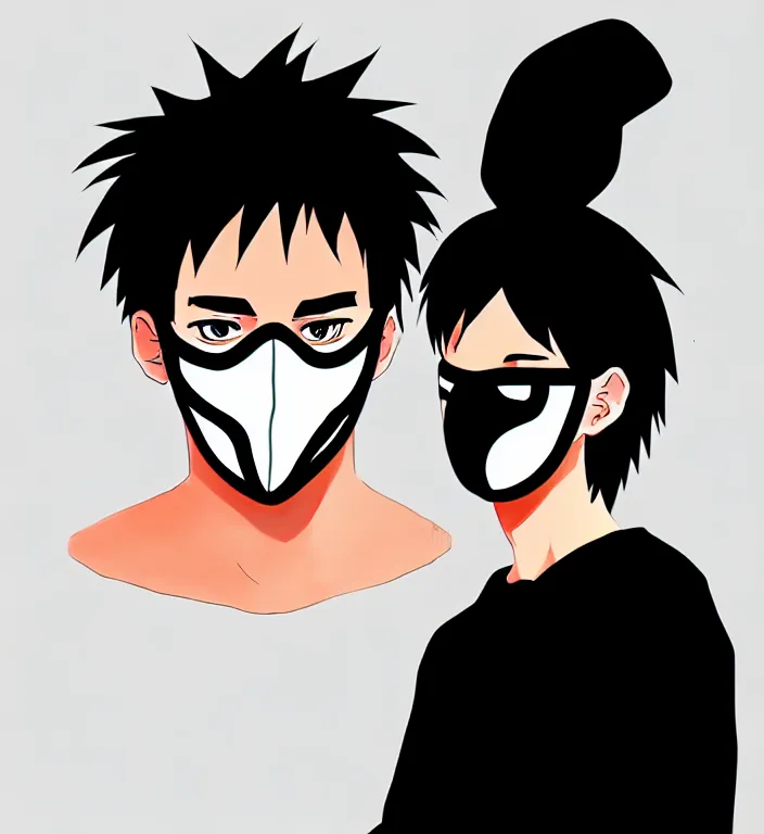 Prompt: white man with black fabric mask, short dark hair, true anatomy!, digital painting, style of hayao miyazaki