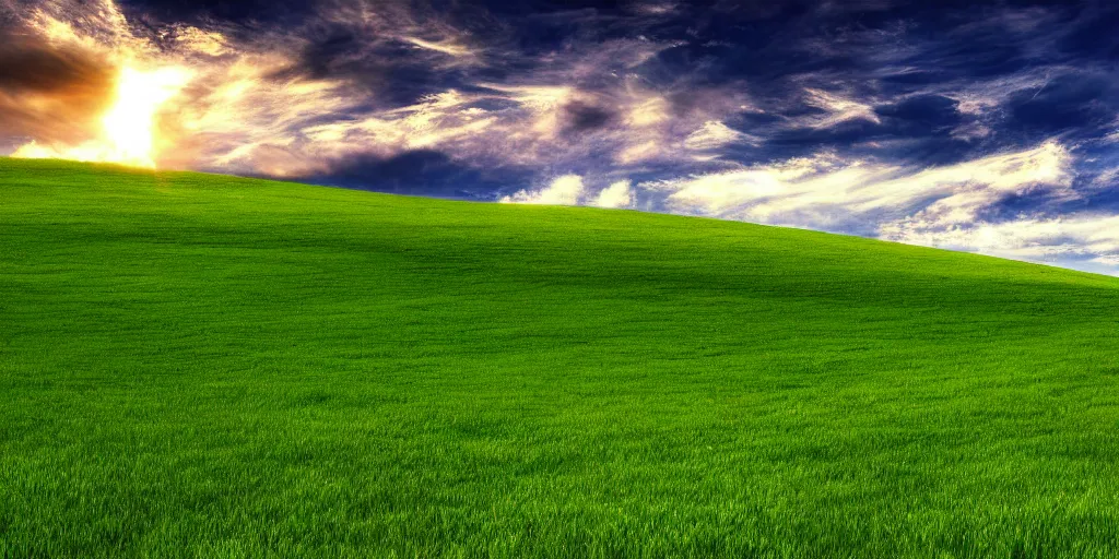 Prompt: a highly detailed 4 k photograph of the windows xp bliss wallpaper with white pathway leading to the glowing pearly gates - winning photoshop creation. h 5 7 6