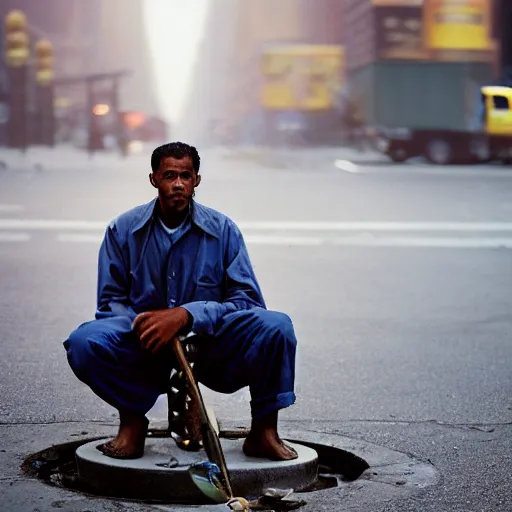 Prompt: closeup portrait of a fisherman fishing next to a manhole in a smoky new york street, by Annie Leibovitz and Steve McCurry, natural light, detailed face, CANON Eos C300, ƒ1.8, 35mm, 8K, medium-format print