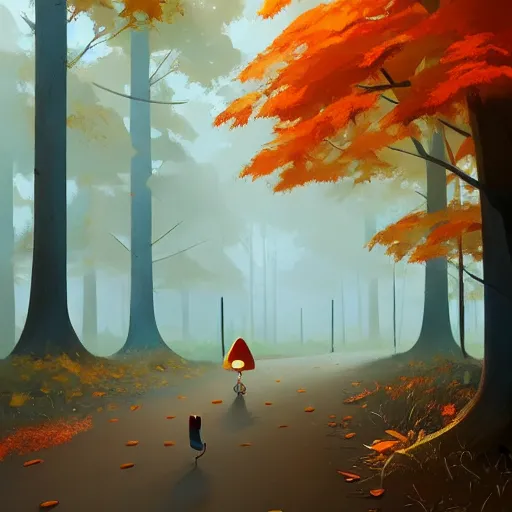 Image similar to goro fujita ilustration an autumn forest with tall trees, the ground full of leaves, the light rays reach the ground, the rain falls creating drops all over the forest., painting by goro fujita, sharp focus, highly detailed, artstation