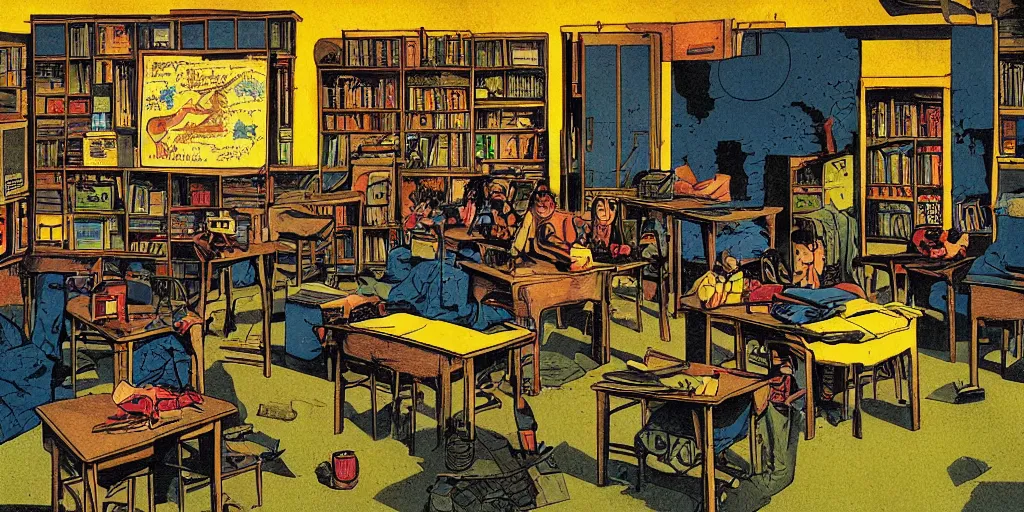 Prompt: english classroom by richard corben