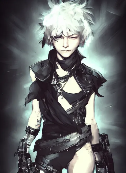 Image similar to Half body portrait of young woman with short silver hair and pirate attire. In style of Yoji Shinkawa and Hyung-tae Kim, trending on ArtStation, dark fantasy, great composition, concept art, highly detailed, dynamic pose.