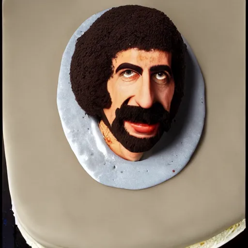 Prompt: delicious franz zappa's head is made out of cake, a slice has been separated from the rest, professional photograph, 4 k