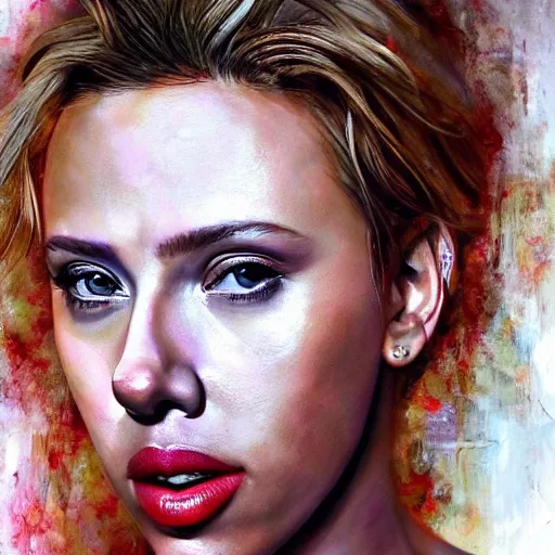 Image similar to hyper realistic candid portrait mixed media painting of beautiful Scarlett Johansson as a greek goddess, hyper detailed, realistic eyes, cinematic lighting, masterpiece