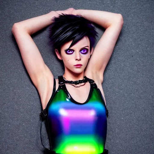 Image similar to full body digital artwork of tracer overwatch, wearing black iridescent rainbow latex tank top, 4 k, expressive happy smug expression, makeup, in style of mark arian, wearing detailed black leather collar, chains, black leather harness, leather cuffs around wrists, detailed face and eyes,