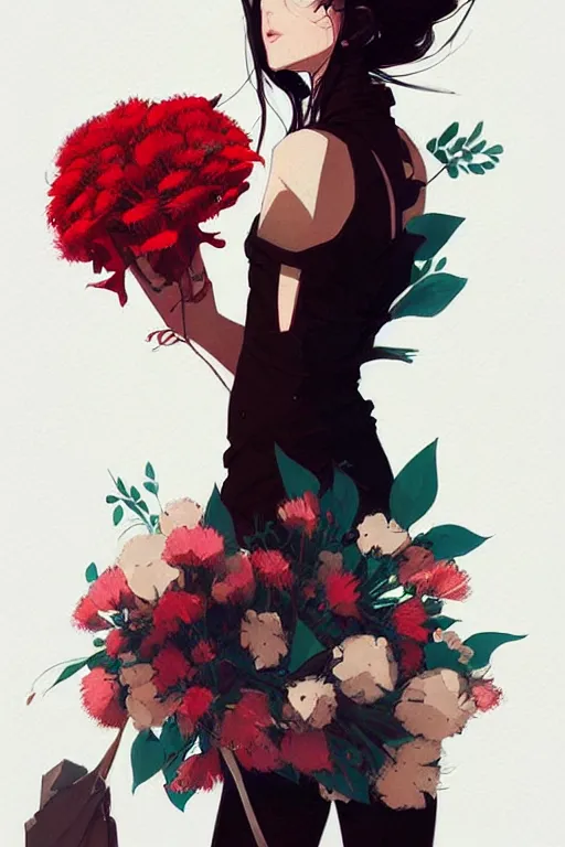 Prompt: a ultradetailed painting of a stylish girl holding a bouquet of flowers by conrad roset, greg rutkowski and makoto shinkai trending on artstation