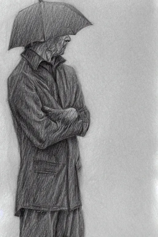 Prompt: a drawn man standing in the rain. pencil sketch.