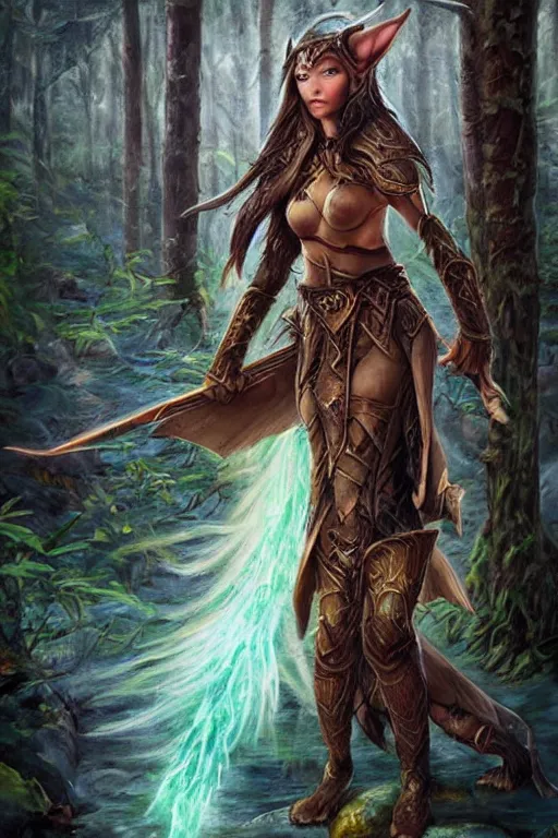 Image similar to Epic painting of a fierce female elven warrior blessed by the light of the forest