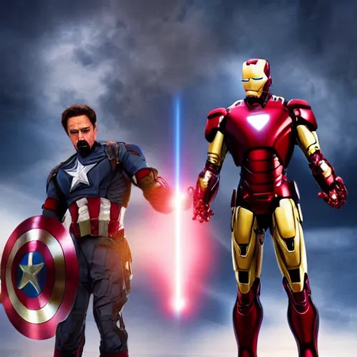 Image similar to iron man and captain america fighting with light sabers, 4k, ultra detailed