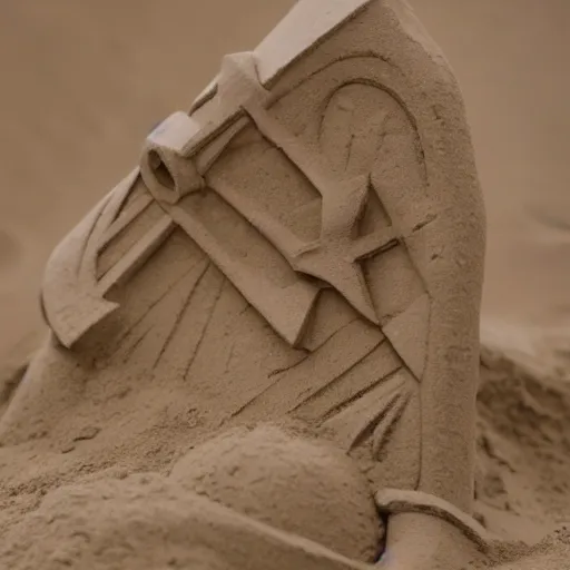 Prompt: Photo Of A Sand Sculpture Of A Ancient Sword, 8K, Photorealistic, Cinematic, Award Winning