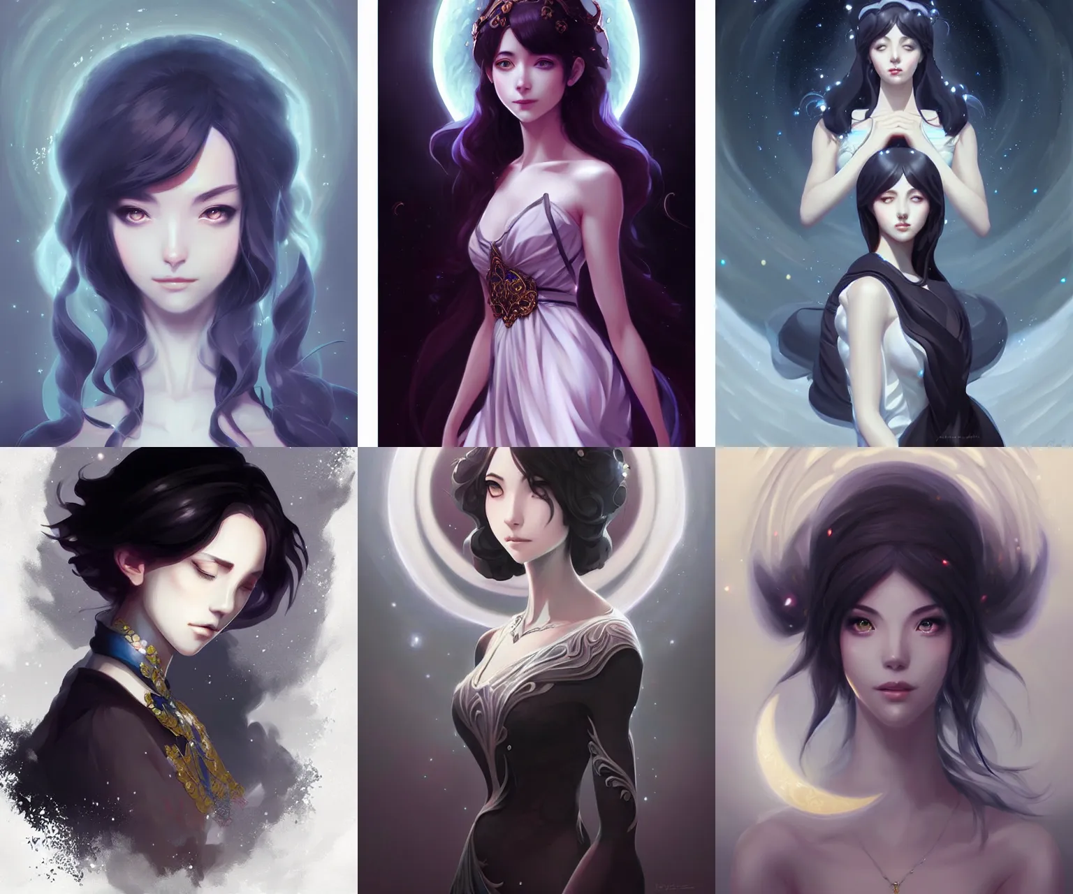 Prompt: ornate portrait, elegant, dark astral dress, goddess of the moon, digital painting, artstation, concept art, art by artgerm, style of makoto shinkai