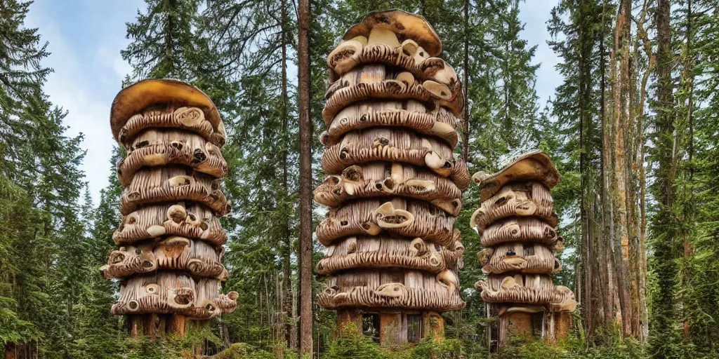 Image similar to tall tower residence made from enormous mushrooms, pacific northwest, round doors