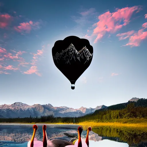 Image similar to photo of two black swans touching heads in a beautiful reflective mountain lake, a colorful hot air balloon is flying above the swans, hot air balloon, intricate, 8k highly professionally detailed, HDR, CGsociety